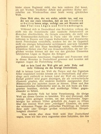 "Deutschlands Bekenntnis zum Frieden", Rede Adolf Hitlers vom 14. Oktober 1933, 13 Seiten, ca. DIN A5, einige Seiten unten leicht eingerissen, sonst guter Zustand