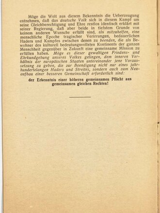 "Deutschlands Bekenntnis zum Frieden", Rede Adolf Hitlers vom 14. Oktober 1933, 13 Seiten, ca. DIN A5, einige Seiten unten leicht eingerissen, sonst guter Zustand