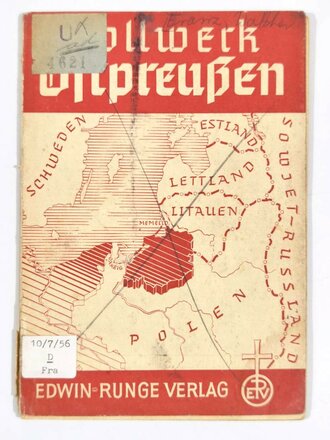 "Bollwerk Ostpreußen", Walther Franz, Grenzkampf Schriften 13, 1935, 56 Seiten, ca. DIN A5, Einband gebraucht, sonst guter Zustand