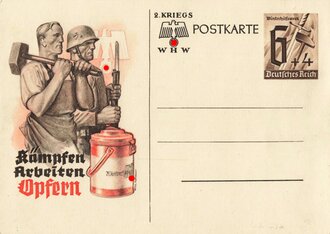 Winterhilfswerk  Ganzsache, 2. Kriegs Postkarte "Kämpfen Arbeiten Opfern", 10,5 x 15 cm