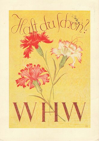 Winterhilfswerk  Postkarte "Hast du schon? WHW", Rückseite: Briefmarke und Stempel WHW München 15.1.1938, 10,5 x 15 cm