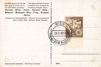 WHW, Französische Postkarte "Rarete Olympique", Rückseite: Briefmarke und Stempel WHW Wien 26.3.1939, 10,5 x 15 cm