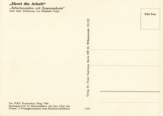 RAD, Postkarte "Ehret die Arbeit - Arbeitsmaiden mit Sonnenschute", RAD Kunstschau Prag 1944, 10,5 x 15 cm