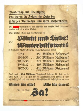 Winterhilfswerk Anschluss Österreich, Flugblatt/Wandanschlag "Plicht und Liebe! Das Winterhilfswerk", 1938, Joseph Bürckel, DIN A4, gefaltet, brüchig