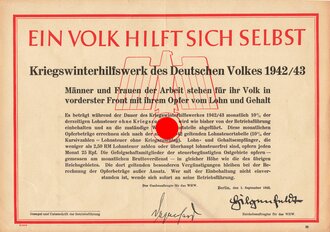 Winterhilfswerk  Flugblatt/Wandanschlag "Ein Volk hilft sich selbst", Kriegswinterhilfswerk 1942/43, Berlin 1. September 1942, DIN A4, gefaltet, guter Zustand
