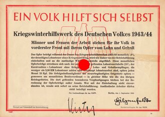 Winterhilfswerk  Flugblatt/Wandanschlag "Ein Volk hilft sich selbst", Kriegswinterhilfswerk 1943/44, Berlin 1. September 1943, DIN A4, gefaltet, eingerissen udn geklebt