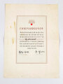 WHW, Ehrenurkunde für einen ehrenamtlichen Helfer im Winterhilfswerk 1937-38, 28 x 38 cm, fleckig, gefaltet