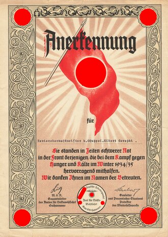 WHW NSV, Anerkennungsurkunde für einen Revierobermeister der Schutzpolizei, Gau Ost-Hannover, Winter 1934/35, DIN A4, gebraucht, geklebt