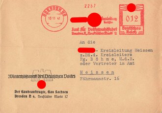 Winterhilfswerk  Briefumschlag mit Stempel "NSDAP NSV Gauleitung Sachsen", 13.11.1941, 10,5 x 15 cm