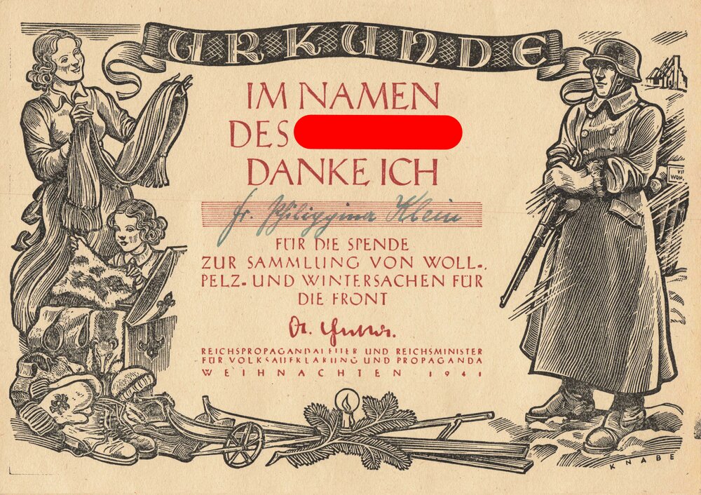 Weihnachten 1941, "Urkunde im Namen des Führers", Sammlung Winterklei