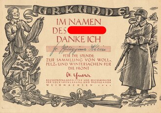 Weihnachten 1941, "Urkunde im Namen des Führers", Sammlung Winterkleidung für die Front, DIN A5, sehr guter Zustand