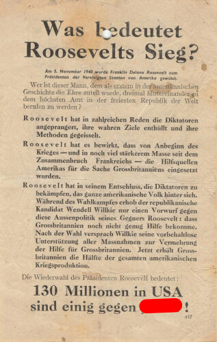 Großbritannien 2. Weltkrieg, " Was bedeutet Roosevelts Sieg", Flugblatt 417, Einsatzzeit 1939-1941, gelocht, gefaltet, fleckig