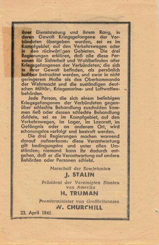 Kriegsende 1945, Stalin Truman Churchill, Flugblatt "Warnung der Regierungen (...)", 23. April 1945,  ca. 10 x 15 cm, an einer Stelle geklebt, sonst guter Zustand