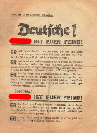 Russland/Sowjetunion 2. Weltkrieg, "Deutsche Hitler ist euer Feind!", Flugblatt 3346 - 14.4.1945, gefaltet gebraucht