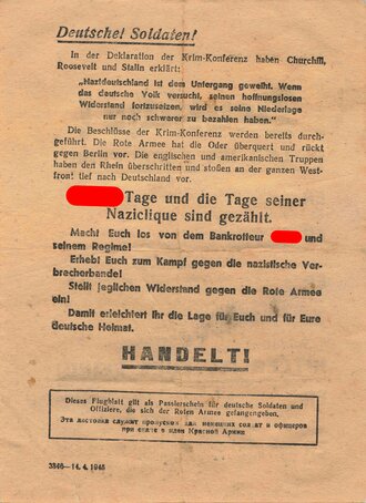 Russland/Sowjetunion 2. Weltkrieg, "Deutsche Hitler ist euer Feind!", Flugblatt 3346 - 14.4.1945, gefaltet gebraucht