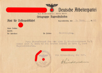 Kriegsende 1945, NSV Ortsgruppe Ruprechtshofen, Schreiben...