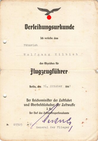 Nachlass eines Kampffliegers und Inhaber des Ehrenpokals für besondere Leistung im Luftkrieg