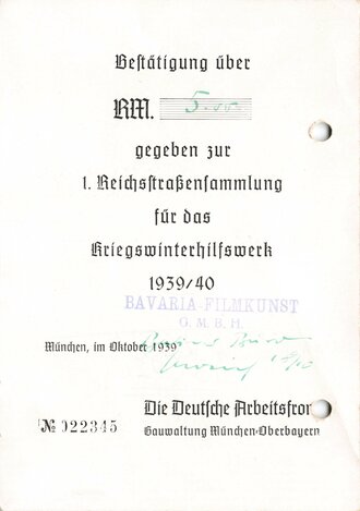 Kriegswinterhilfswerk " 1.Reichsstraßensammlung der Deutschen Arbeitsfront 14./15. Oktober 1939"  Kleinformatiger Spendenbeleg