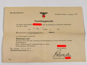 Deutscher Volkssturm Gestellungsbefehl Mannheim, 24.12.1944. Dazu der Wehrpaß des Mannes