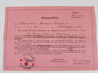 Deutscher Volkssturm Gestellungsbefehl Mannheim, 24.12.1944. Dazu der Wehrpaß des Mannes