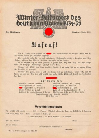 Winterhilfswerk Gau Mittelfranken, "Aufruf!" - Verplichtungsschein 1934/35, DIN A4