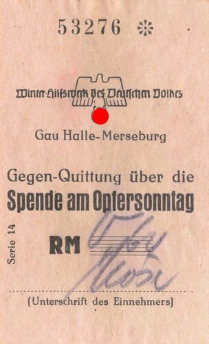 Winterhilfswerk Gau Halle-Merseburg, "Gegen-Quittung Spende am Opfersonntag"