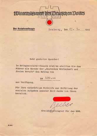 Winterhilfswerk Bamberg, Dankschreiben des Kreisbeauftragten, datiert 1944, DIN A5