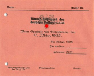 Winterhilfswerk Gau Saar, "Sparhülle zum Eintopfsonntag 17. März 1935"
