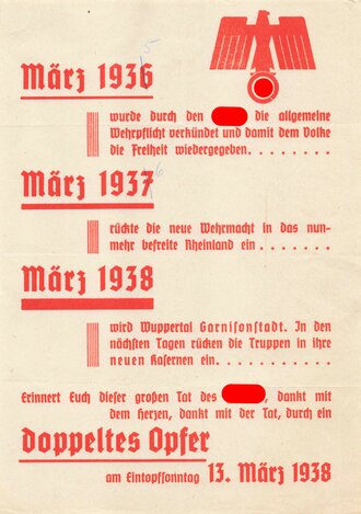 Winterhilfswerk Handzettel "Doppeltes Opfer am Eintopfsonntag, 13. März 1938", DIN A5