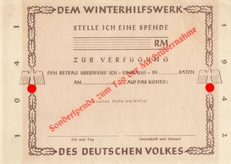 Winterhilfswerk Blanko Quittung "Sonderspende zum Tag der Machtübernahme" 1941/42