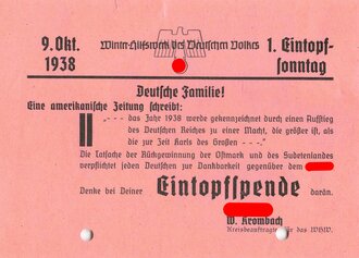 Winterhilfswerk Handzettel "1. Eintopfsonntag, 9. Oktober 1938", gelocht