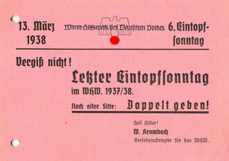Winterhilfswerk Handzettel "6. Eintopfsonntag, 13. März 1938", gelocht
