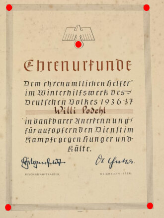 Winterhilfswerk Ehrenurkunde für einen ehrenamtlichen Helfer im Winterhilfswerk 1936-37, 29 x 38 cm, fleckig