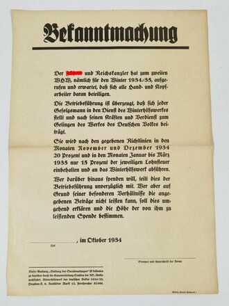 Winterhilfswerk Anschlag Gauamtsleitung Sachsen "Bekanntmachung" datiert 1934, geknickt, 44 x 31 cm