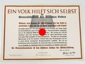 Winterhilfswerk Anschlag  "Ein Volk Hilft sich selbst" datiert 1939, gelocht u. geknickt,  DIN A3