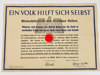 Winterhilfswerk Anschlag "Ein Volk Hilft sich selbst" datiert 1940, guter Zustand, DIN A3