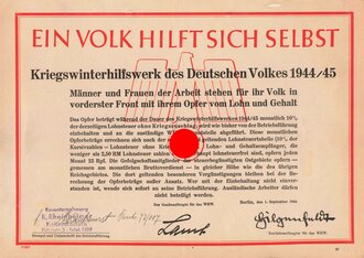 Winterhilfswerk Anschlag  "Ein Volk Hilft sich selbst" datiert 1942, geknickt u. fleckig u. gelocht, DIN A4
