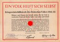 Winterhilfswerk Anschlag  "Ein Volk Hilft sich selbst" datiert 1942, geknickt u. fleckig u. gelocht, DIN A4