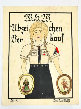 Winterhilfswerk"Abzeichen Verkauf" Selbstgemachtes Bild einer Schülerin Gau Sachsen, 25 x 32 cm