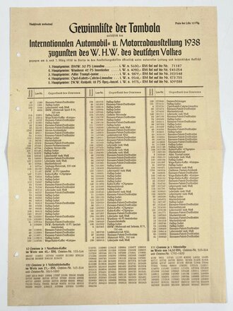 Winterhilfswerk "Gewinnliste der Tombola" datiert 1938, geknickt und gelocht, 42 x 30 cm