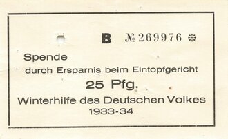 Winterhilfswerk Quittung  "Spende durch Ersparnis beim Eintopgericht" 1933/34, gelocht