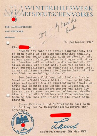 Winterhilfswerk Gau Westmark "Führerworte" datiert 1943, gelocht