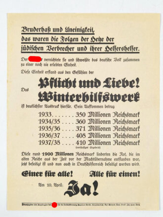 Winterhilfswerk Flugblatt, "Einer für alle! - Alle für einen - Am 10. April JA!" 24 x 31 cm