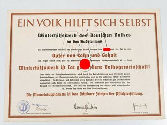 Winterhilfswerk Anschlag Gau Sudetenland "Ein Volk Hilft sich selbst", gelocht u. geknickt