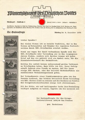 Winterhilfswerk Gau Franken "Spenden Aufruf für die WHW Briefmarke", datiert 1939, gelocht, DIN A4