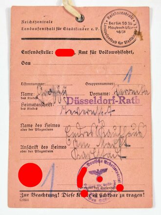 NS Volkswohlfahrt "Landaufenthalt für Stadtkinder", Ausweis datiert 1941 eines Kindes aus Düsseldorf