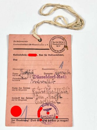 NS Volkswohlfahrt "Landaufenthalt für Stadtkinder", Ausweis datiert 1941 eines Kindes aus Düsseldorf