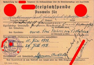 NSV "Hilterfreiplatzspende Ausweis", datiert 1938