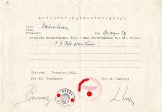 "Ablieferungsbestätigung" über Woll und Wintersachen für die Front, datiert 1941