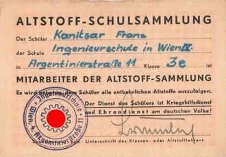 "Altstoff-Schulsammlung" Ausweis für einen Schüler der Ingenieurschule in Wien